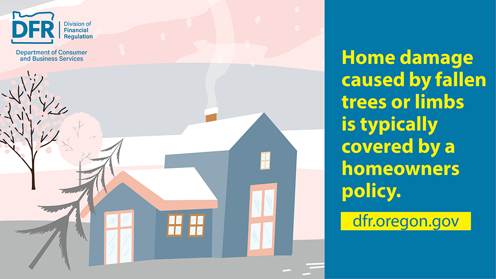An illustration of a fallen tree on the roof of a house with ice and snow on the ground and snow falling from the sky. The text reads, “Home damage caused by fallen trees or limbs is typically covered by a homeowners policy." Visit dfr.oregon.gov” Visit dfr.oregon.gov/help