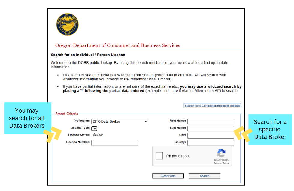 Image of form for searching for individual or person license, highlighting specific form fields to use.